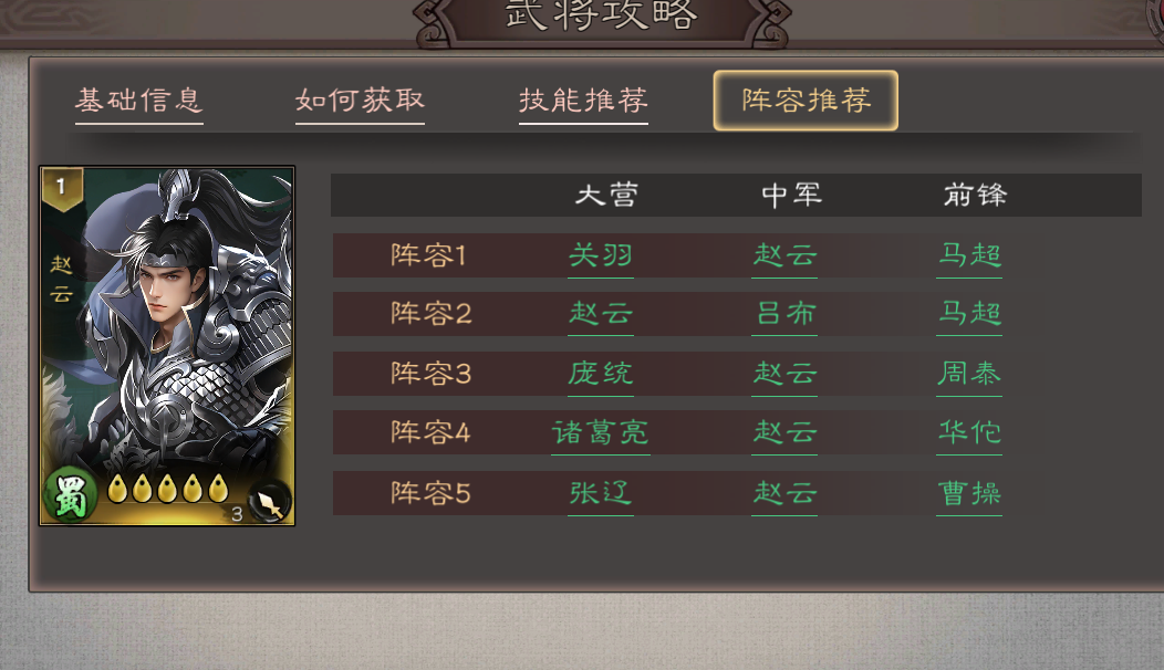 《三国乱世霸王》赵云配队推荐